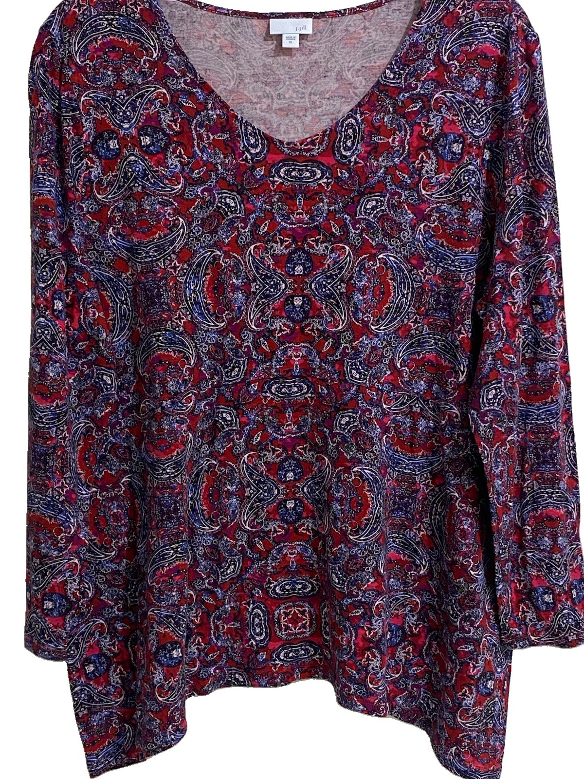 J.Jill V-neck Long Sleeve Top Paisley Print Size XL Asymmetric Hem