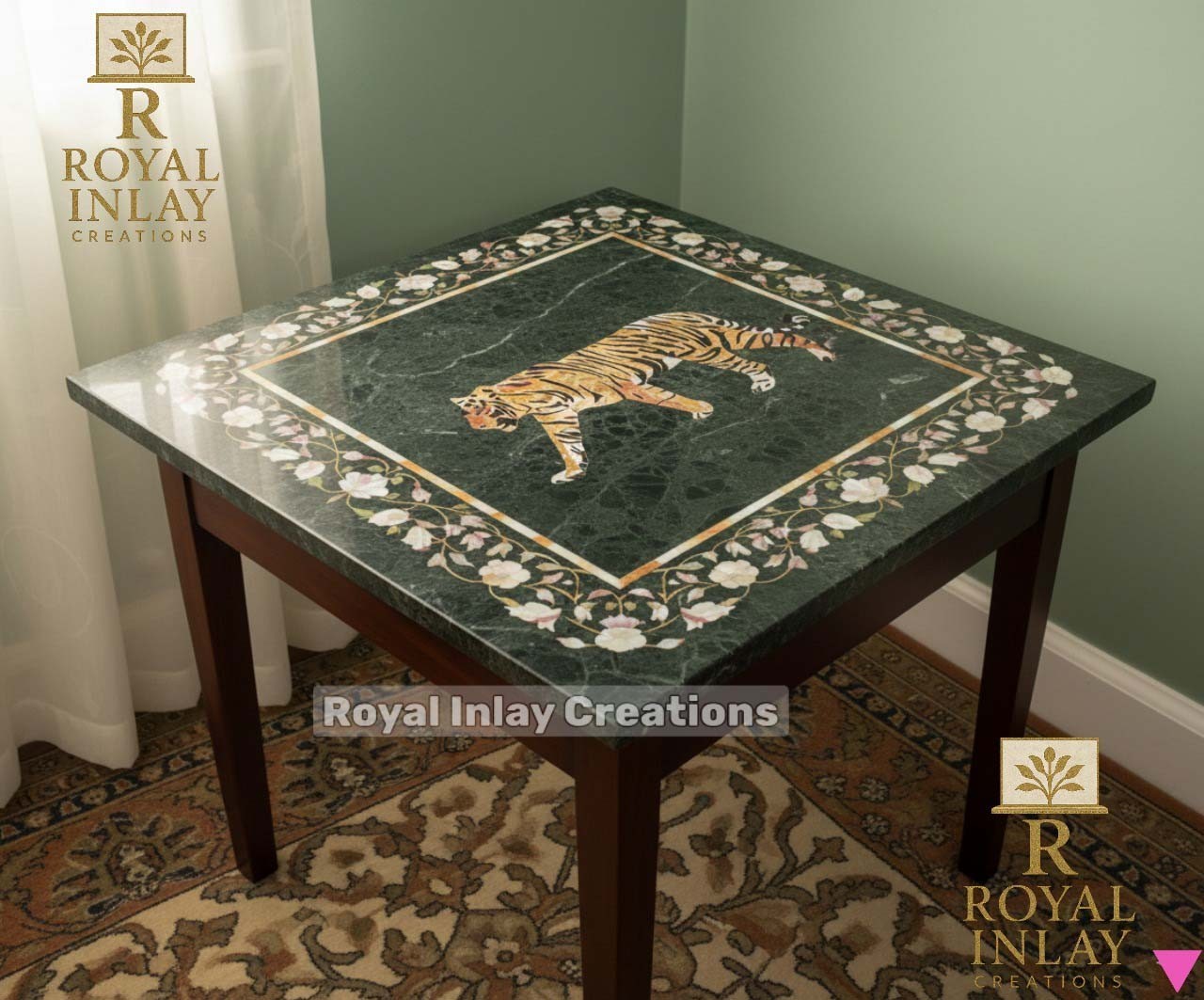 Green Marble Pietra Dura Table Top - Square Tiger Inlay & Floral Border Tabletop