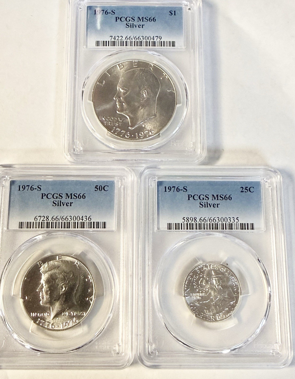 1976 S Silver Set PCGS Graded MS 66 Complete Uncirculated 3 Coin Set $1 50c 25c 1976 S Silver Set PCGS Graded MS 66 Complete Uncirculated 3 Coin Set $1 50c 25c