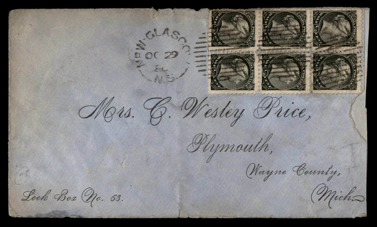 1886 Canada Scott 34 1/2c Small Queen Block of 6 Cover Nova Scotia to USA 3c
