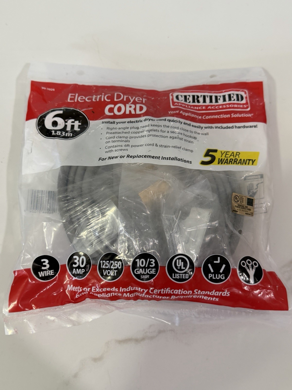 Certified Appliance Accessories 3 wire 30-Amp Appliance Dryer Power Cord 6ft Certified Appliance Accessories 3 wire 30-Amp Appliance Dryer Power Cord 6ft