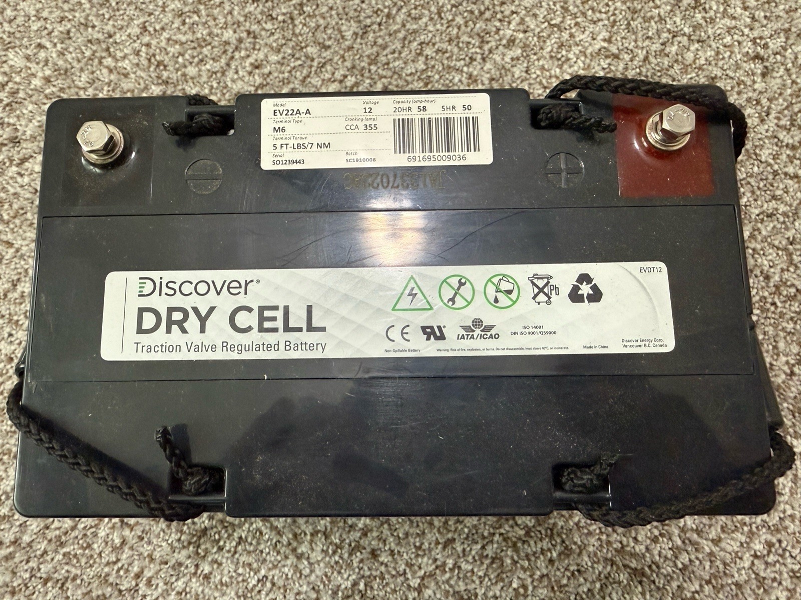 Discover Dry Cell Traction Valve Regulated Battery EV22A-A 12V 58AH 20HR NEW