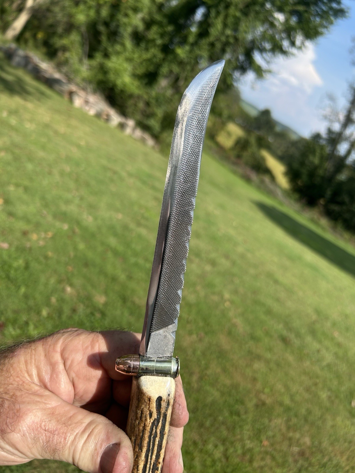 Custom Hand Made Stag Fixed Blade Heller Nu cut Bastard File Bullet Knife 45 ACP Custom Hand Made Stag Fixed Blade Heller Nu cut Bastard File Bullet Knife 45 ACP