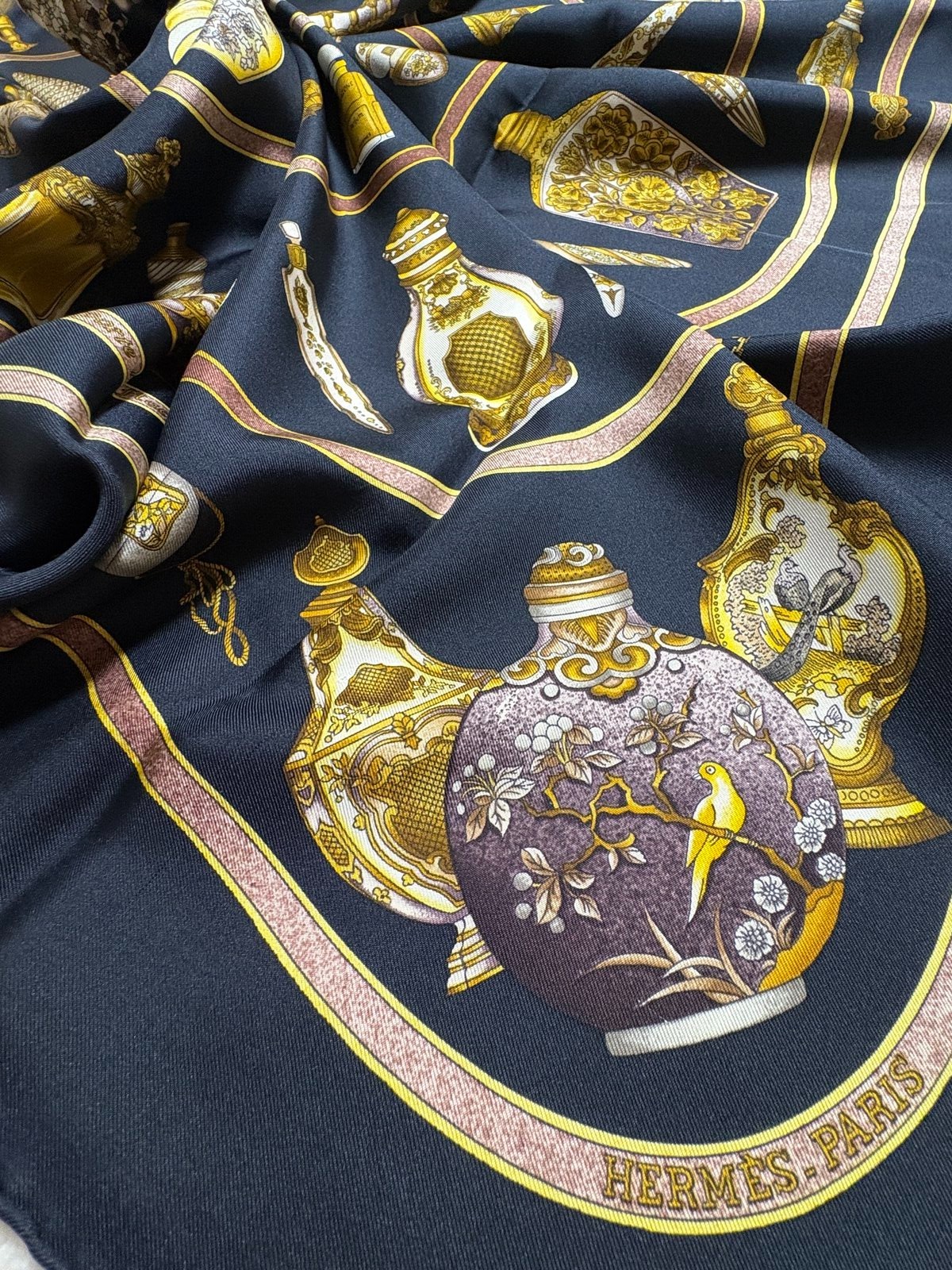HERMES Silk Scarf Carre 90 Qu’importe le flacon Perfume Bottles Black France