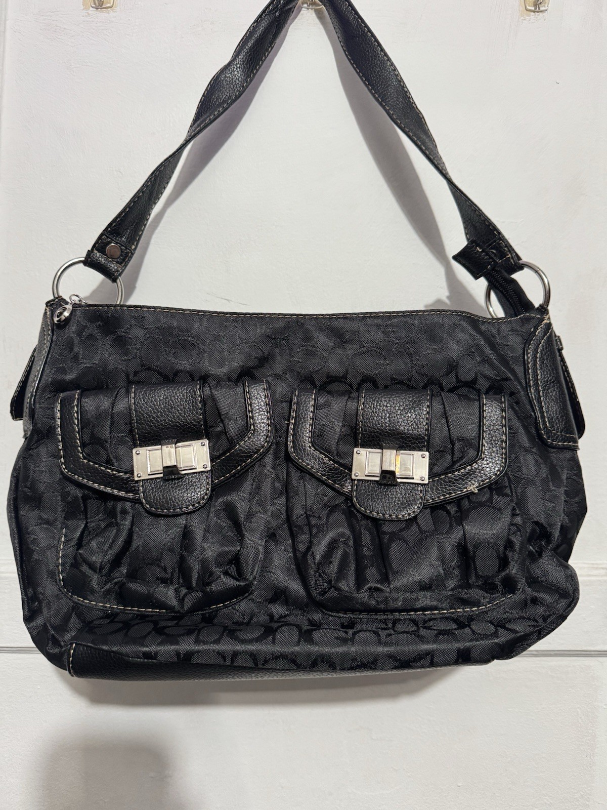 Women’s Black Logo Shoulder Bag Zip Closure Front Pockets Silver Hardware
