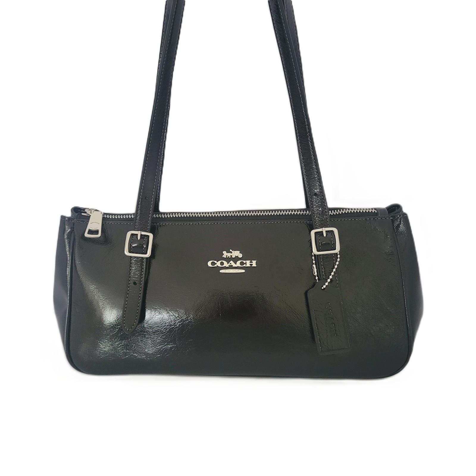Coach CBJ05 Glazed Leather Asher Shoulder Bag Handbag Black Silver