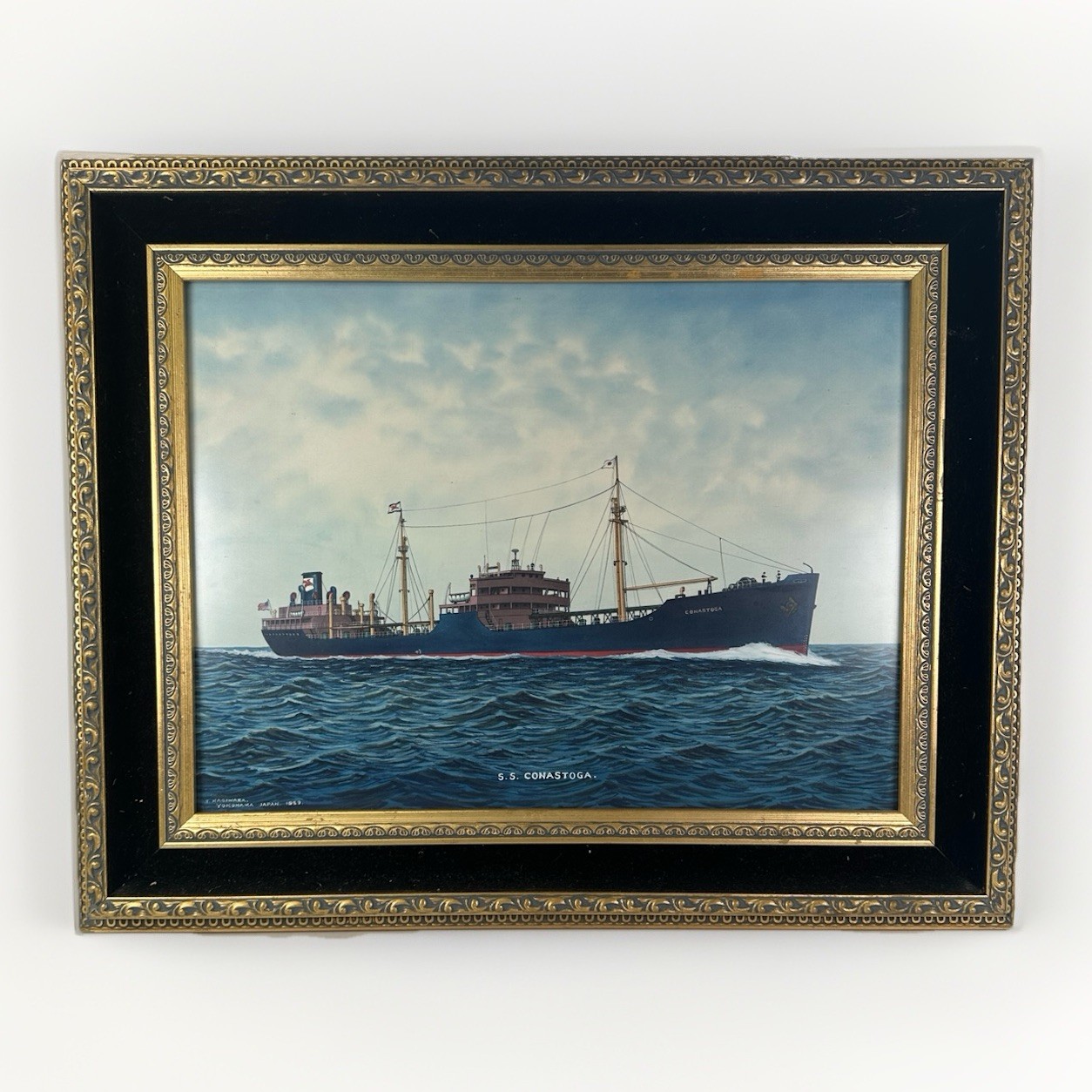 1959 T Hagiwara Yokohama Japan Watercolor Painting S.S. Conastoga Ship 1959 T Hagiwara Yokohama Japan Watercolor Painting S.S. Conastoga Ship