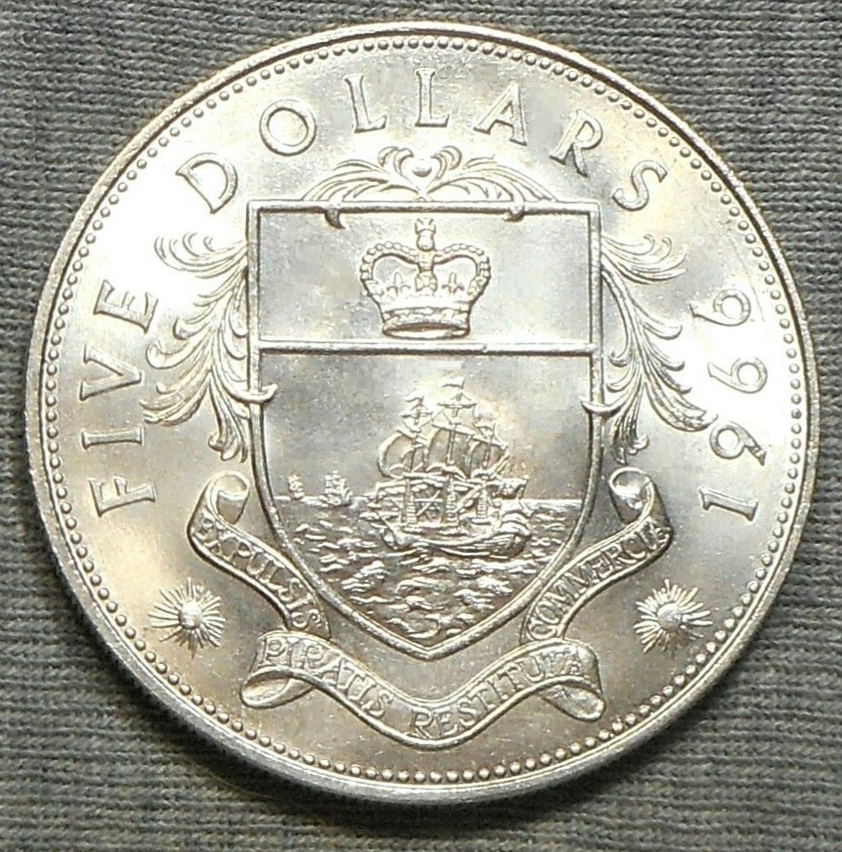 1966 BAHAMAS - $5 DOLLARS - ARMS - 1.253 Oz MINT BU .925 STERLING SILVER CROWN