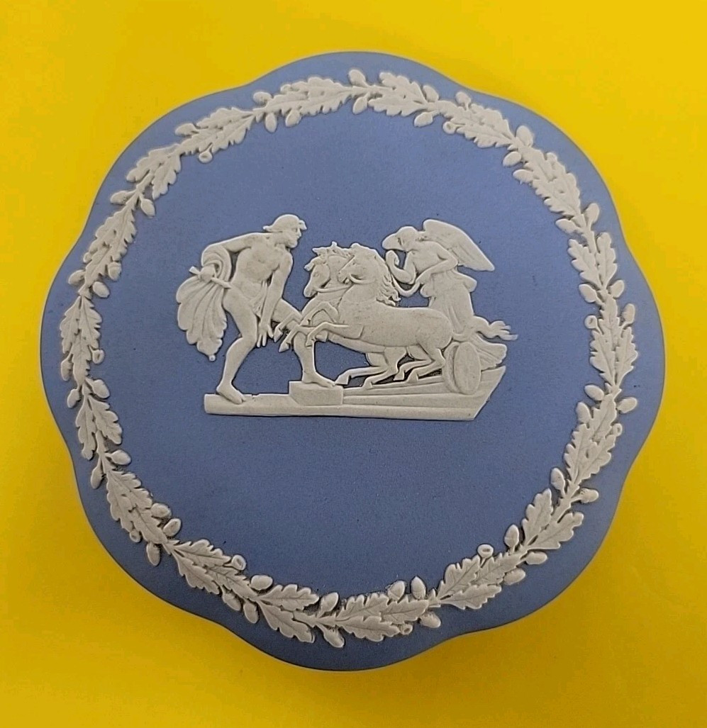 Vintage Blue Wedgwood Jasperware Lidded Dish Jewelry Trinket Box Horse Angel UK Vintage Blue Wedgwood Jasperware Lidded Dish Jewelry Trinket Box Horse Angel UK