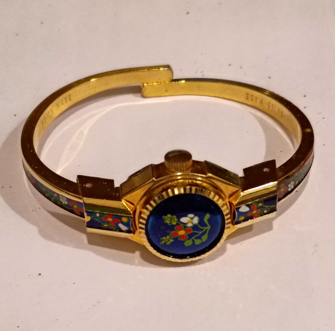 Vintage Lugano Floral Enamel Peekaboo Bangle Watch Manual Wind Swiss Made