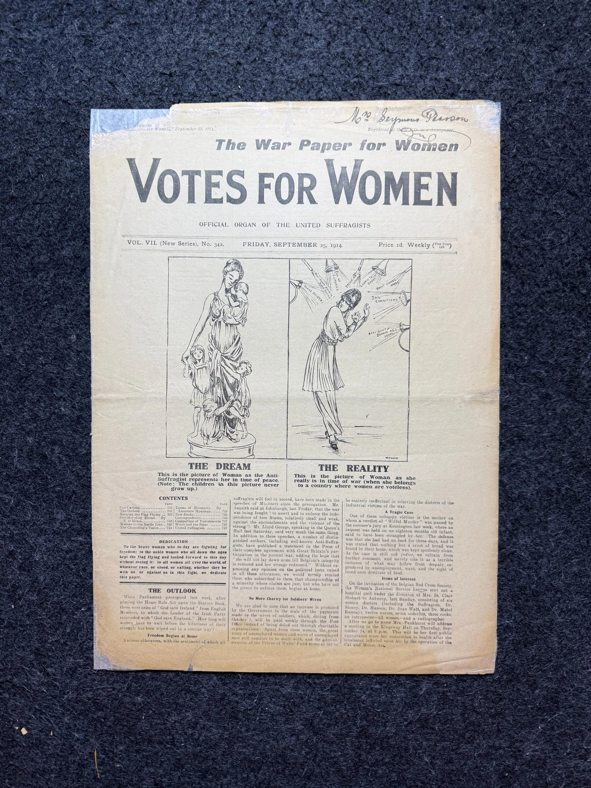 1914 WWI Begins in Europe, Suffragist Feminist Newspaper, World War One Gifts,