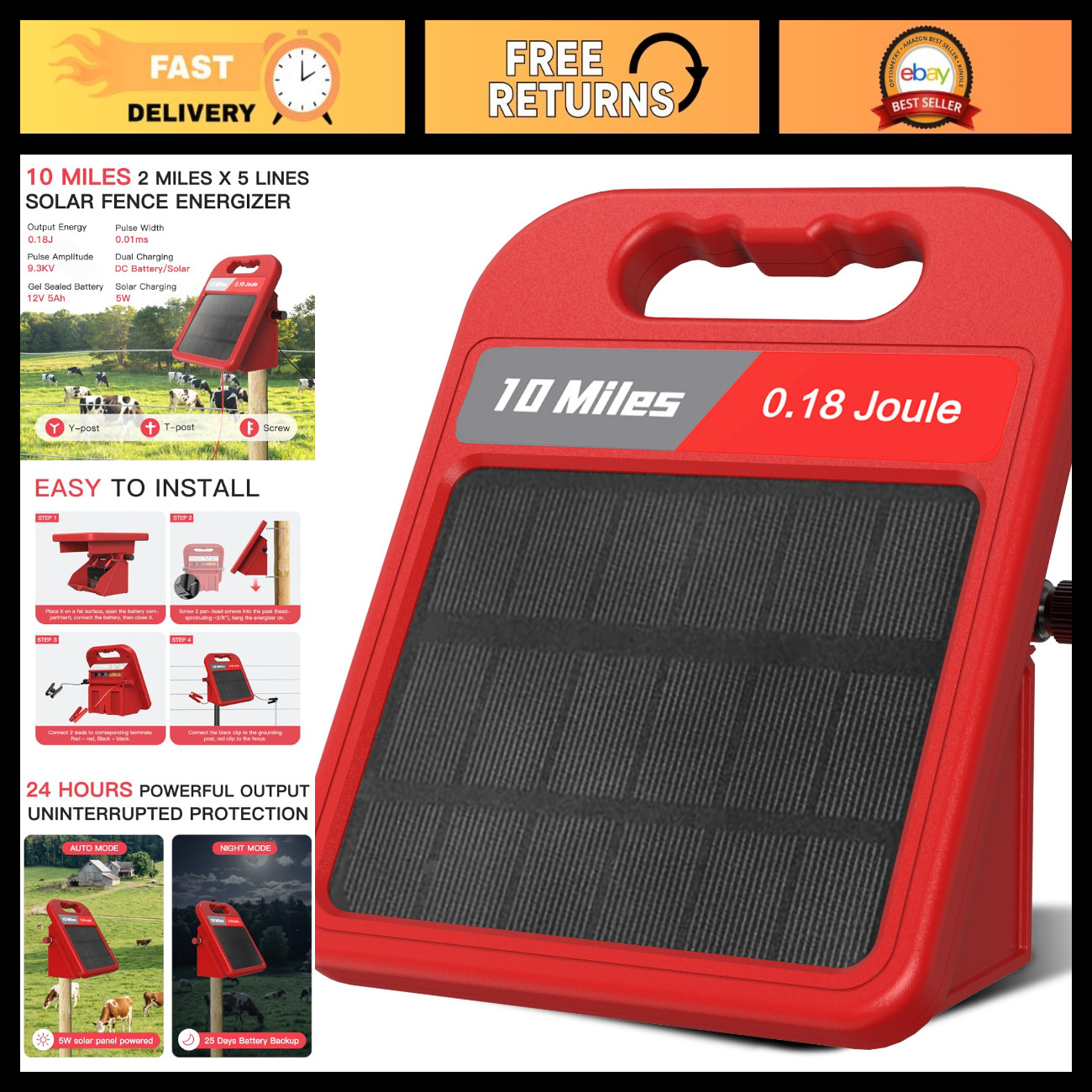 10 Mile Solar Electric Fence Charger 0.18J Energizer, Day/Night Mode, 24-Hour Pr