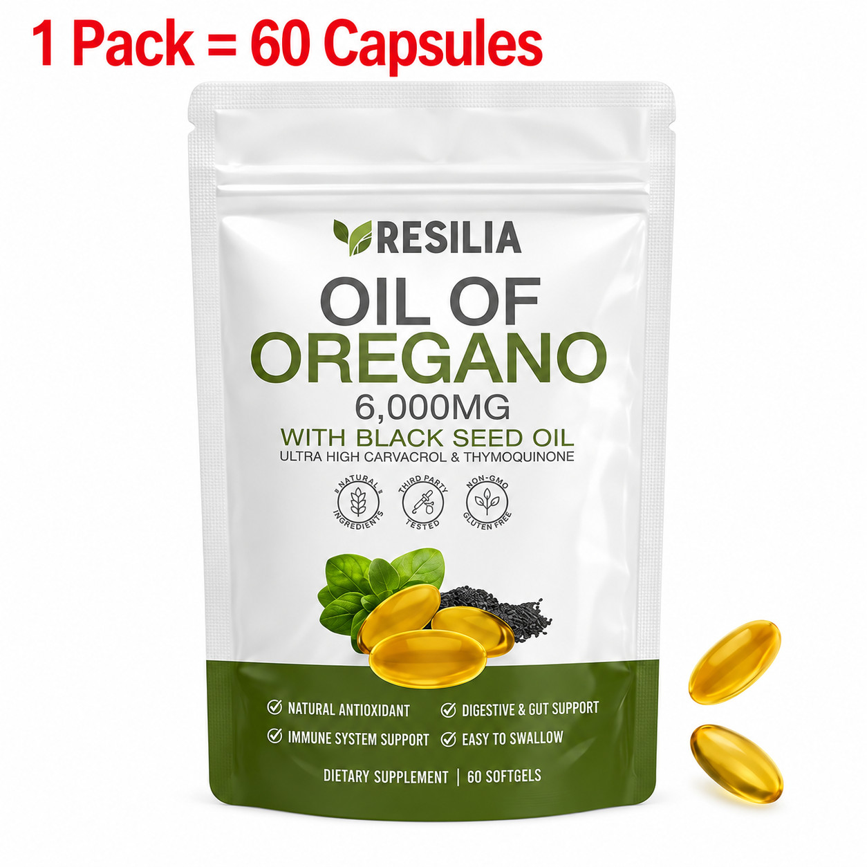 1-5 Pack Resilia Oil of Oregano 6000mg with Black Seed Oil Softgels–60 Capsules