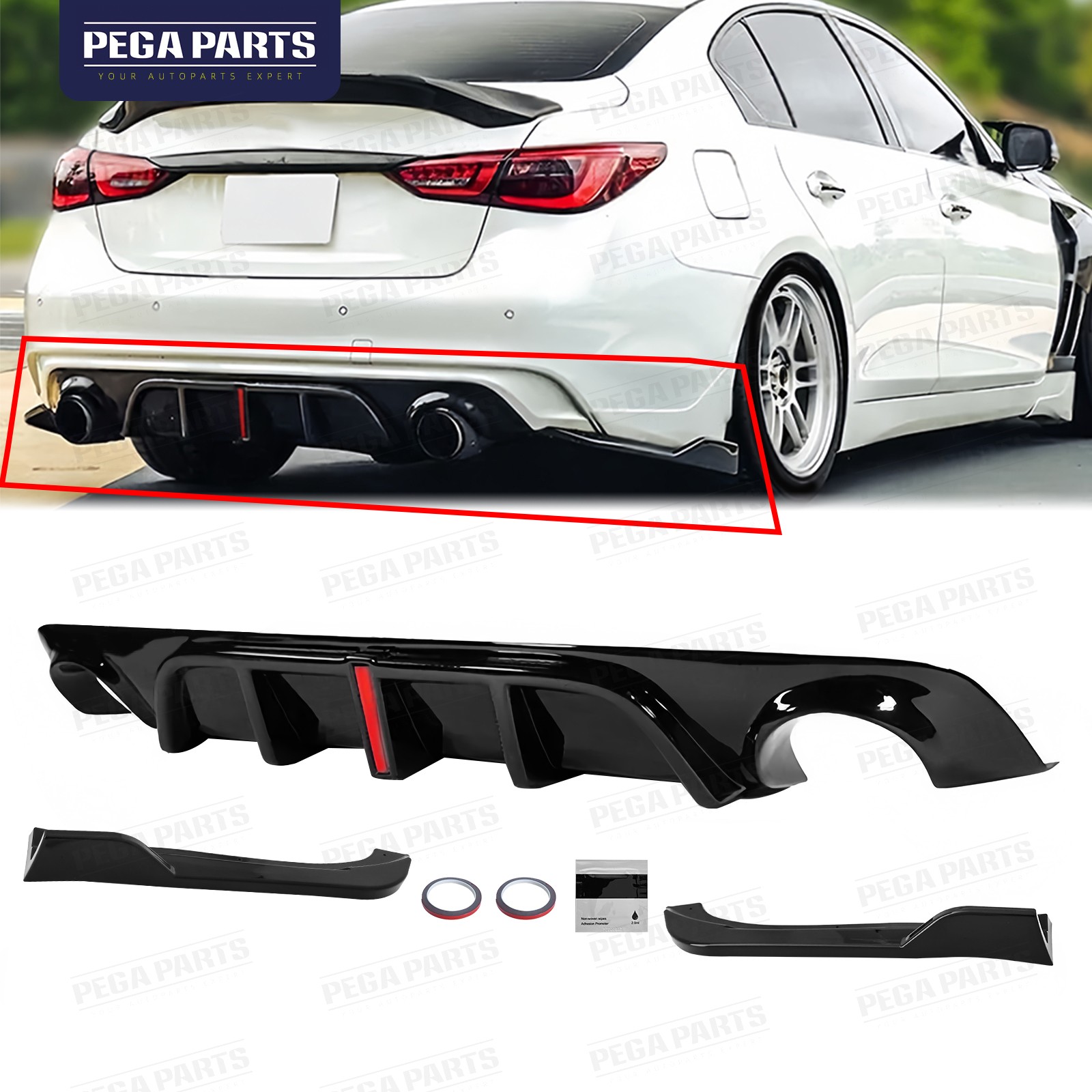 For 2018-2024 Infiniti Q50 Rear Bumper Diffuser Gloss Black w/V2 LED Brake Light