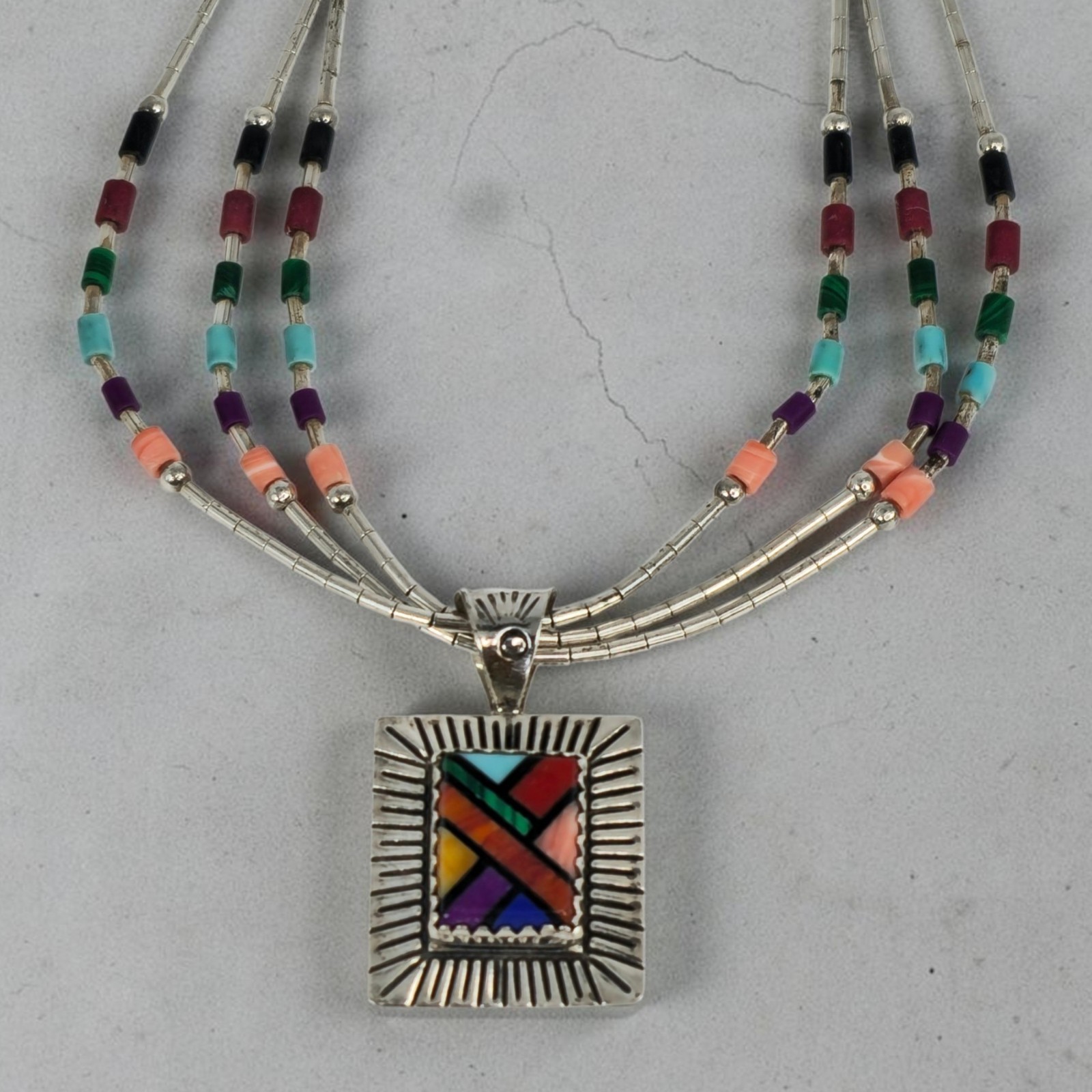 Q.T. Sterling Silver Multi Stone Inlay Pendant Triple Strand Liquid Necklace 21\