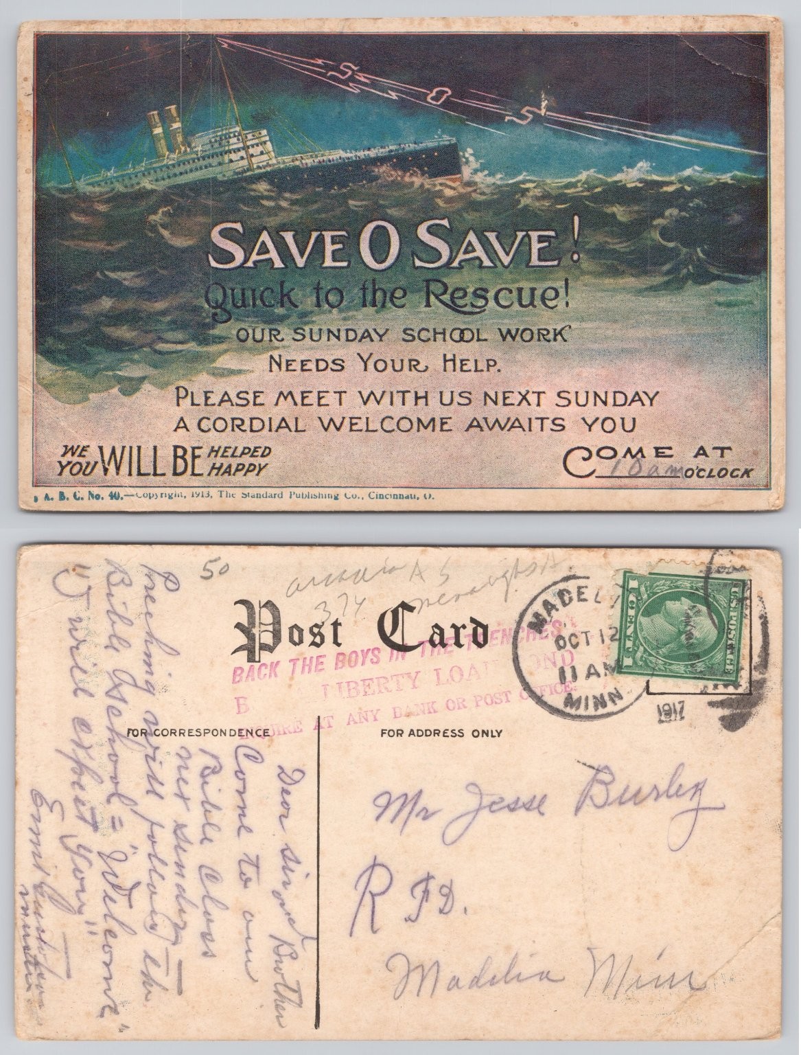 Titanic Sinking Ship SAVE O SAVE 1913 Sunday School Postcard Madelia MN 1917 Titanic Sinking Ship SAVE O SAVE 1913 Sunday School Postcard Madelia MN 1917