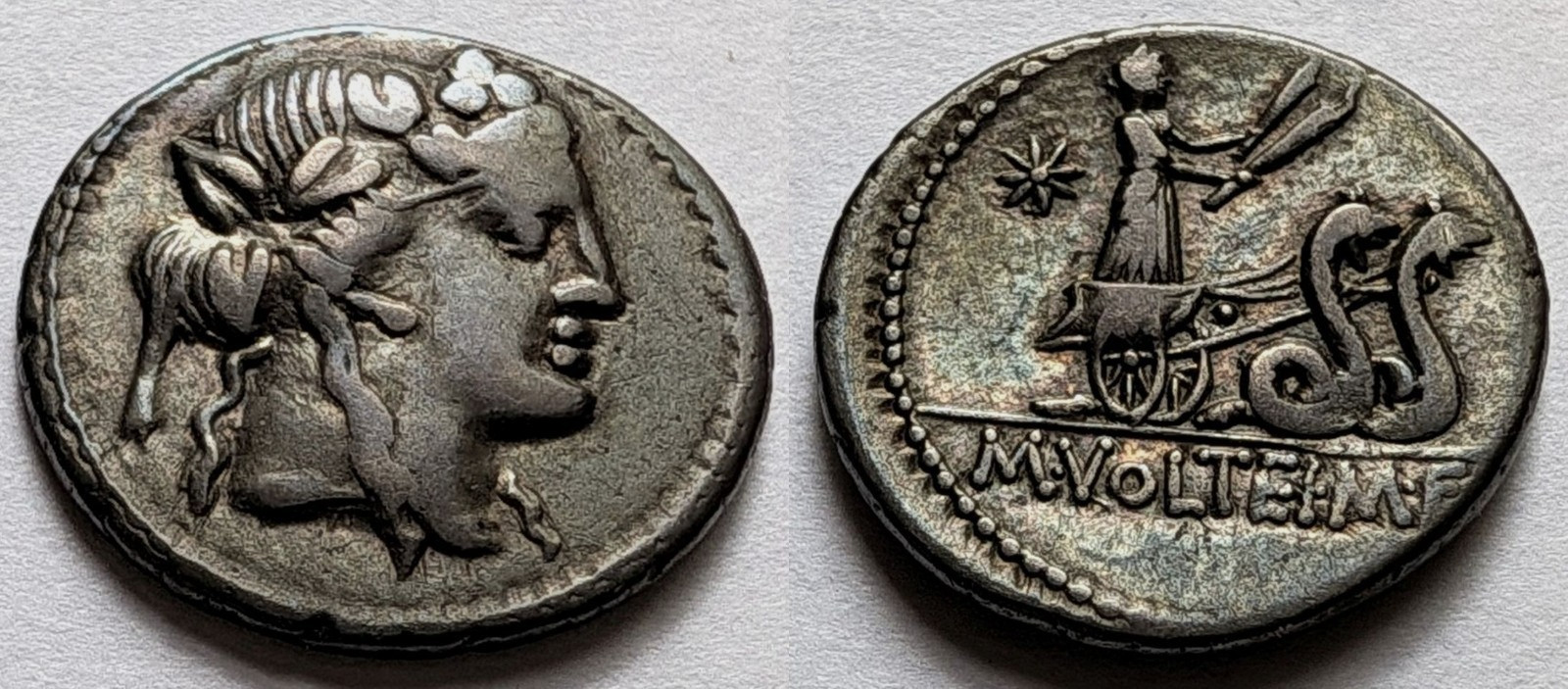 Roman Republic M Volteius Silver Denarius 78 BC Ceres Serpents Crawford 385/3