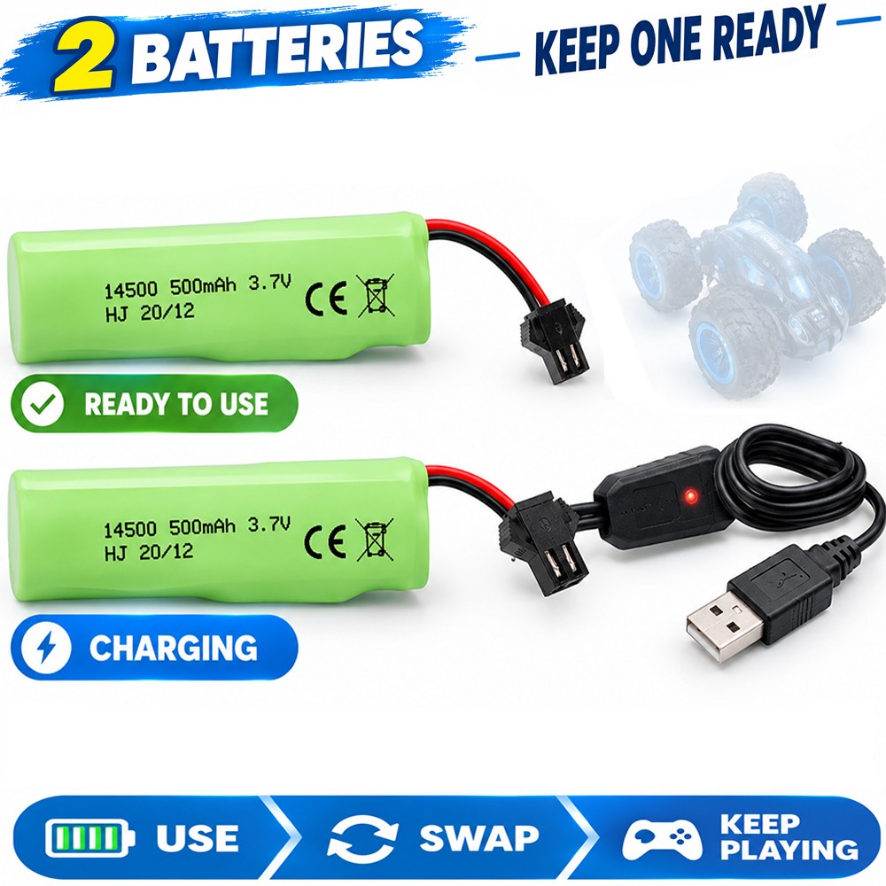 14500 3.7V 500mAh Rechargeable Lithium Battery 2PCS with USB Charger for RC Toys