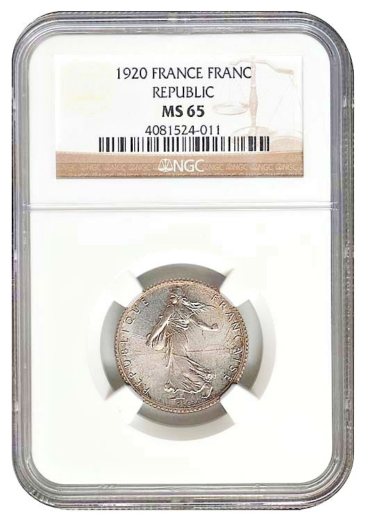 1920 France silver 1 Franc, NGC MS-65 1920 France silver 1 Franc, NGC MS-65
