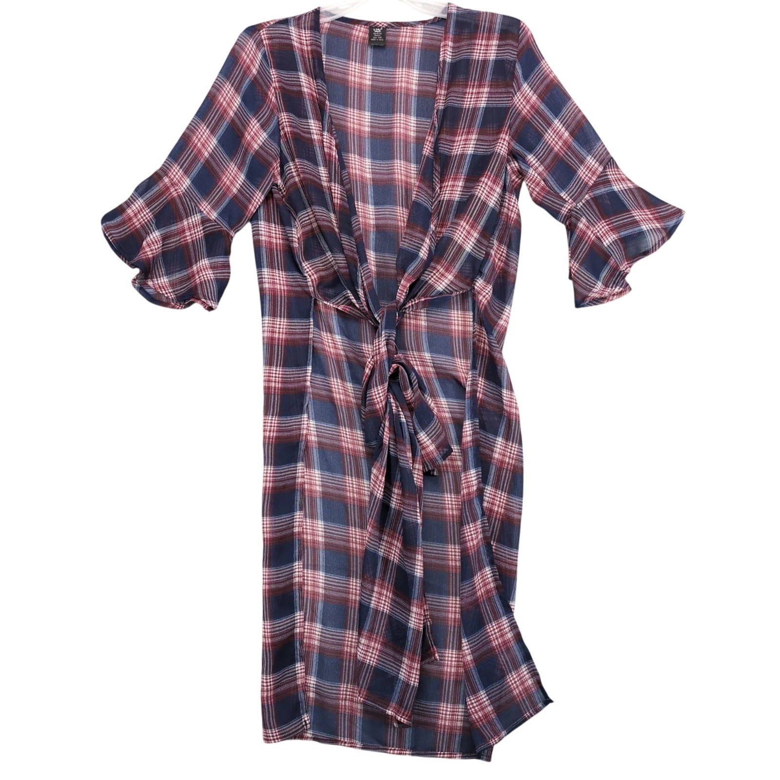Lildy Sheer Plaid Tie Front Kimono Womens S/M Duster Red Navy Festival Western