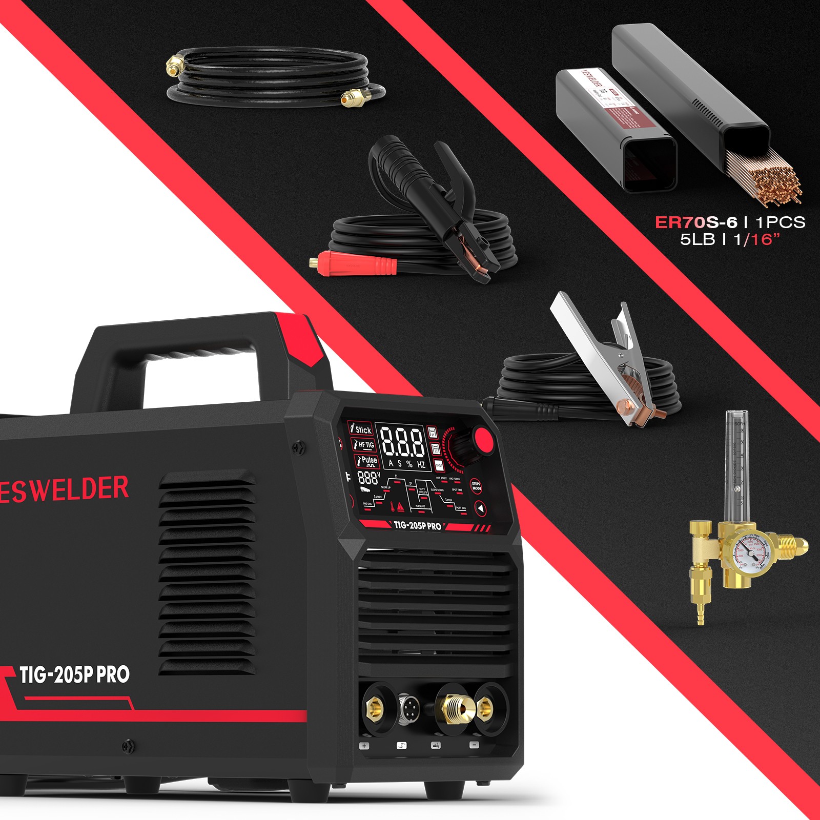 YESWELDER TIG-205P 205A TIG Welder with Regulator & TIG Rods, 110V/220V
