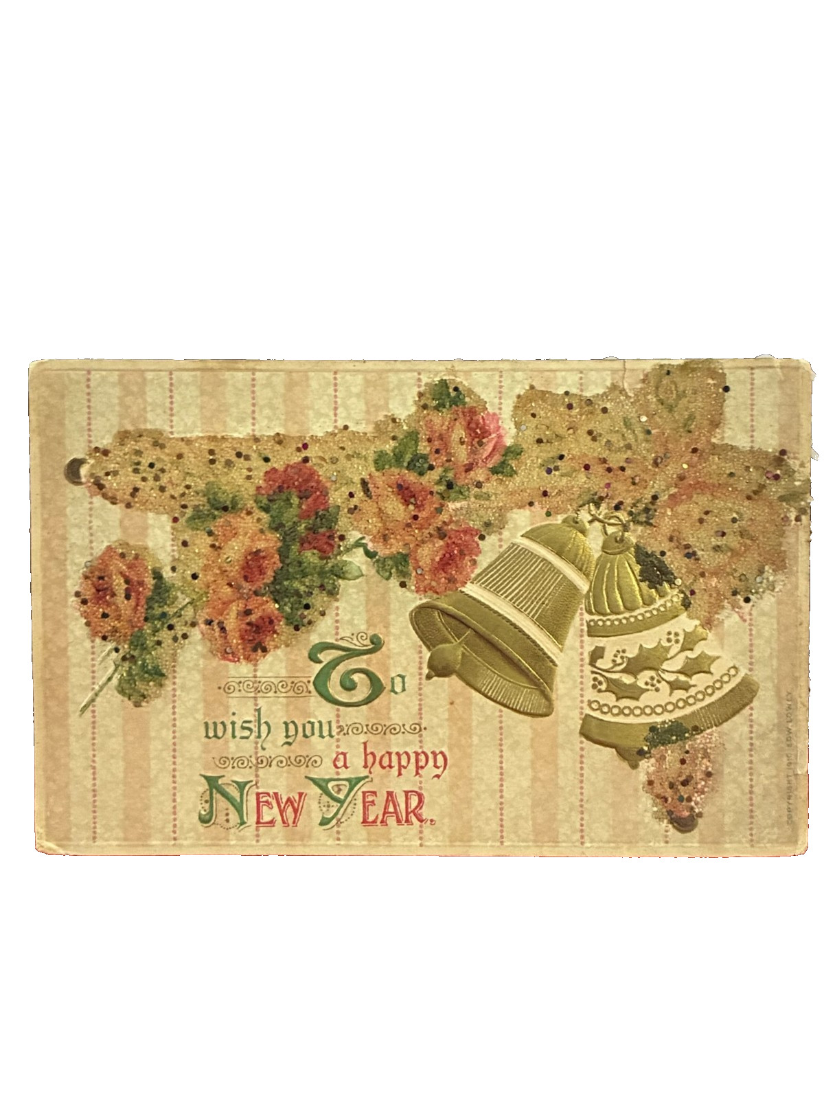 Antique 1910 Embossed New Year Postcard Bells Roses Glitter Ed Lowey Unposted Antique 1910 Embossed New Year Postcard Bells Roses Glitter Ed Lowey Unposted