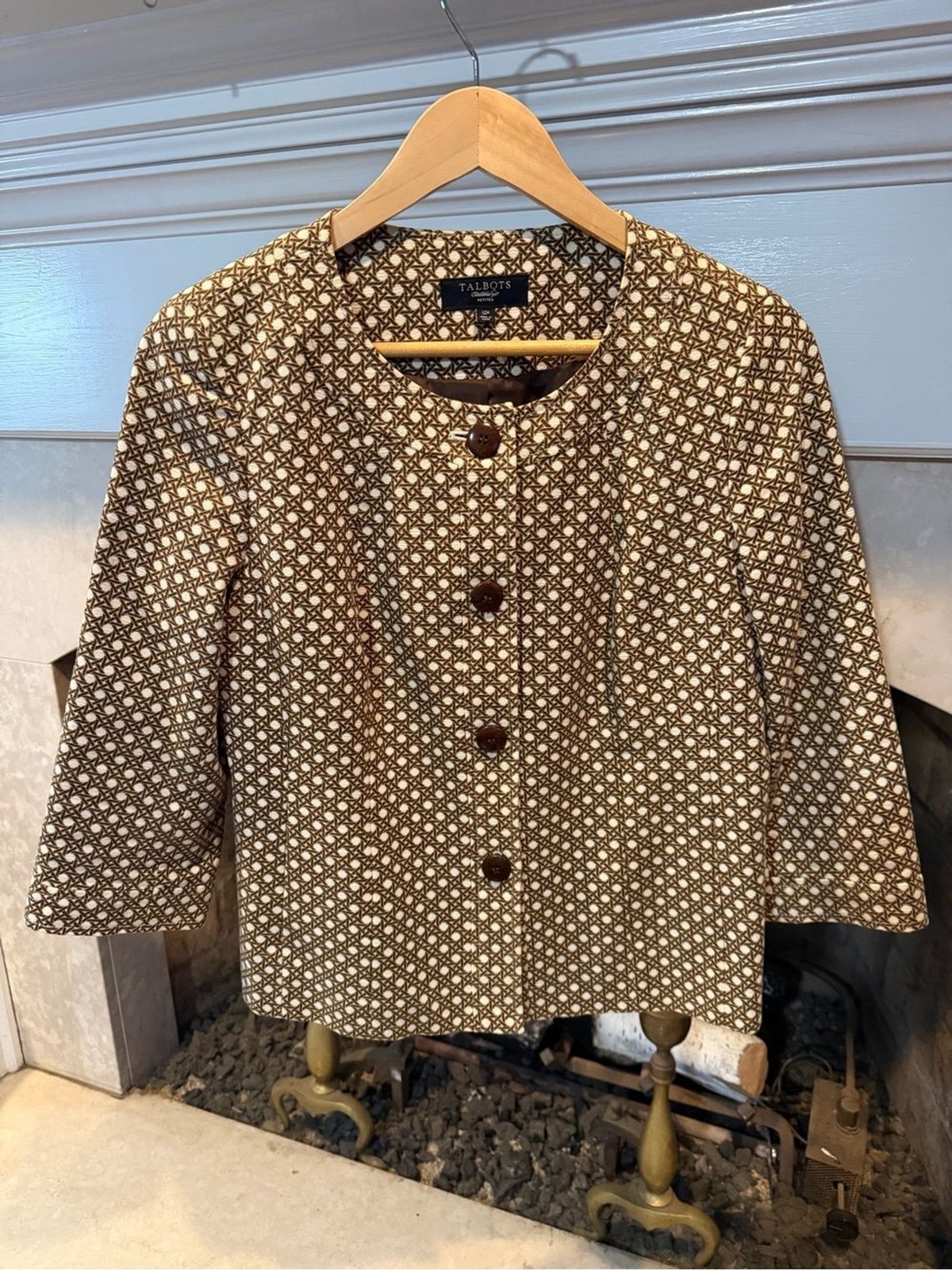 Talbots Brown & Cream Patterned Round-Neck Cropped Blazer 12p Talbots Brown & Cream Patterned Round-Neck Cropped Blazer 12p