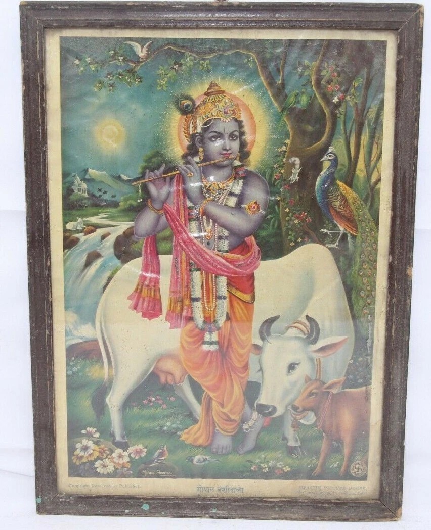 Vintage Old Hindu Lord Krishna /Gopal With Flute & Cow Beautiful Litho Print