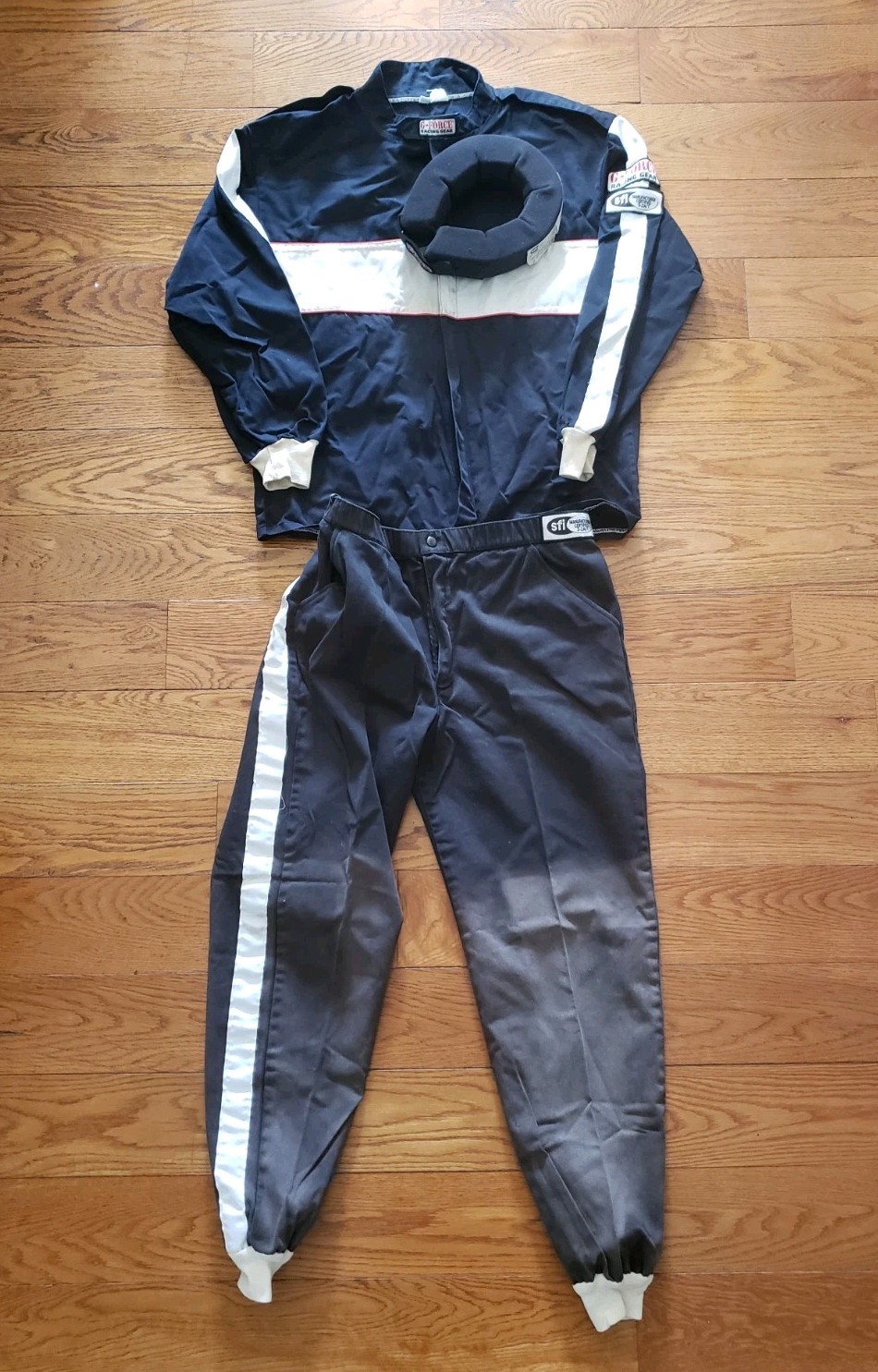 G-Force Racing GF125 Black White Stripes Jacket and Pants Neck Pad Large Faded