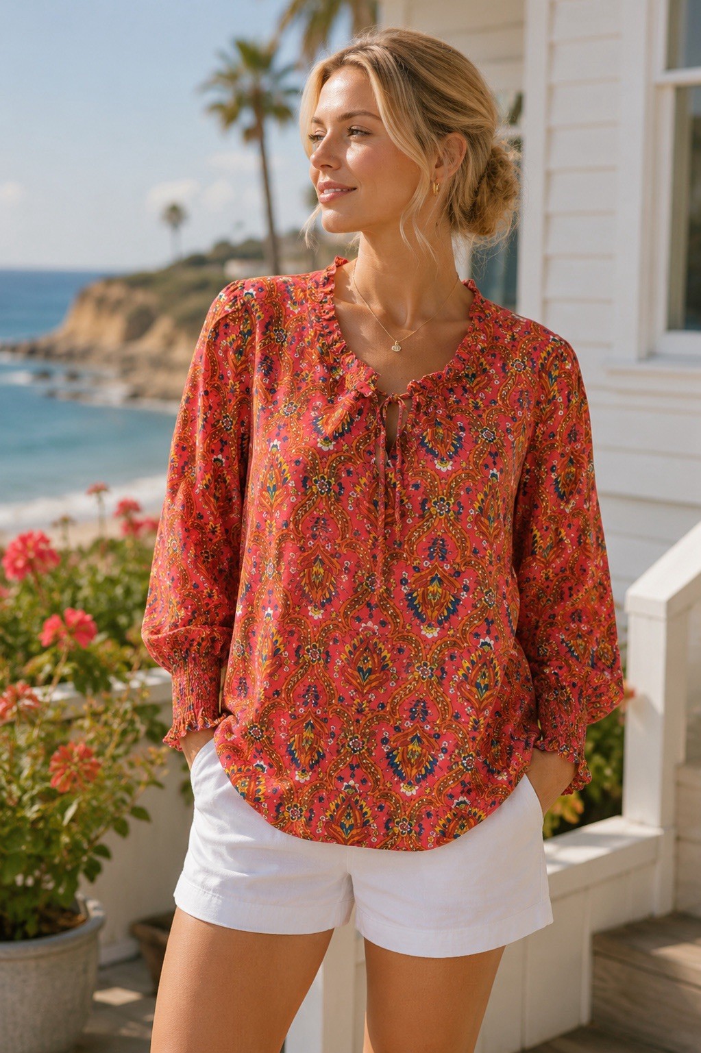 Talbots Plus Pink Orange Paisley Metallic Tie Neck Blouse Top 1X Cotton Blend Talbots Plus Pink Orange Paisley Metallic Tie Neck Blouse Top 1X Cotton Blend