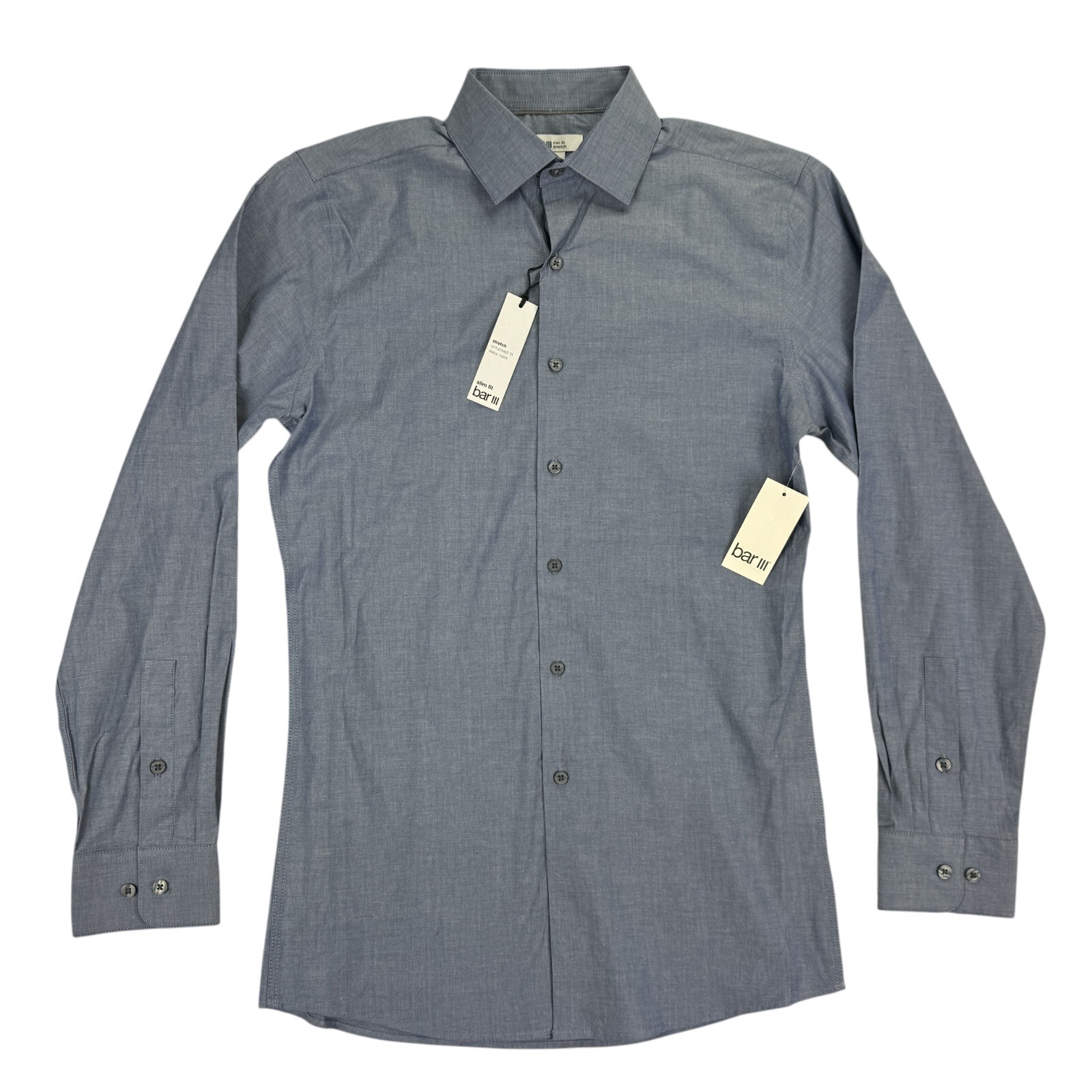 Bar III Mens Slim Fit Stretch Chambray Dress Shirt Indigo Blue S 14-14.5