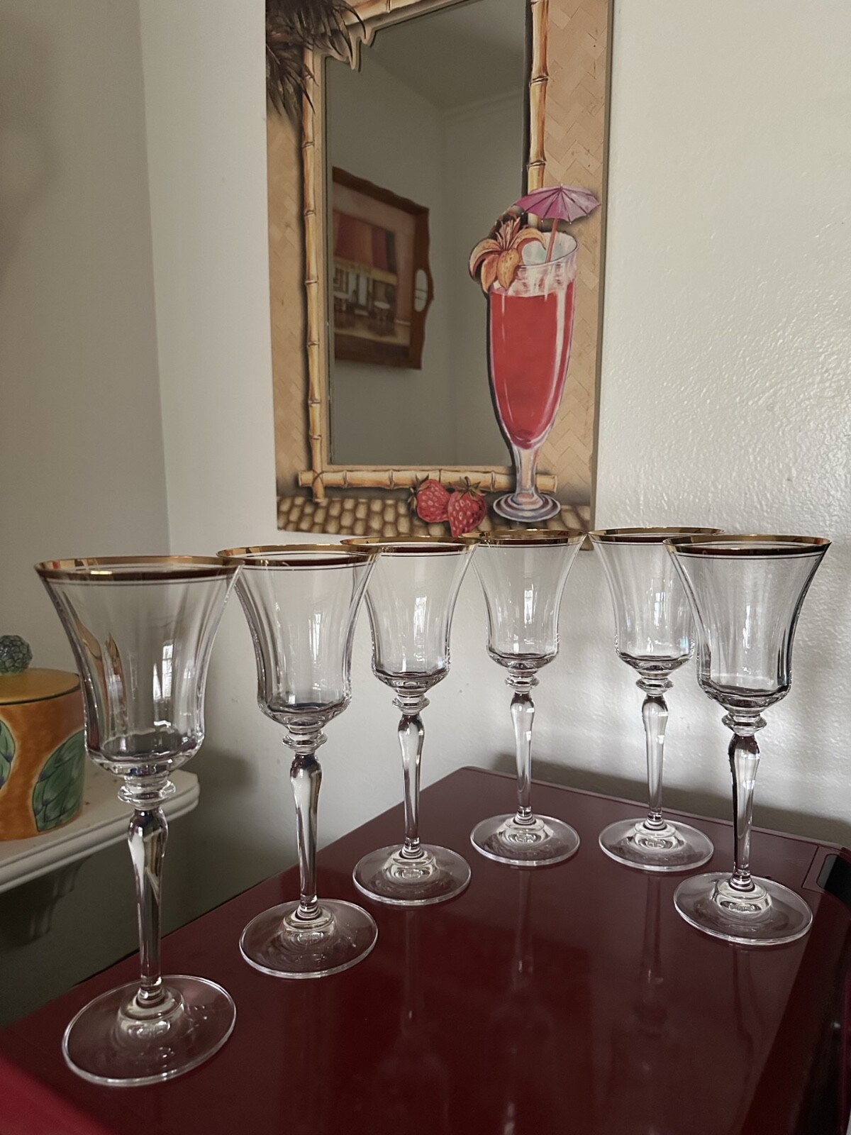 6 Mikasa Water goblets 9 & 1/8. Gold clear New condition. Jamestown pattern 6 Mikasa Water goblets 9 & 1/8. Gold clear New condition. Jamestown pattern