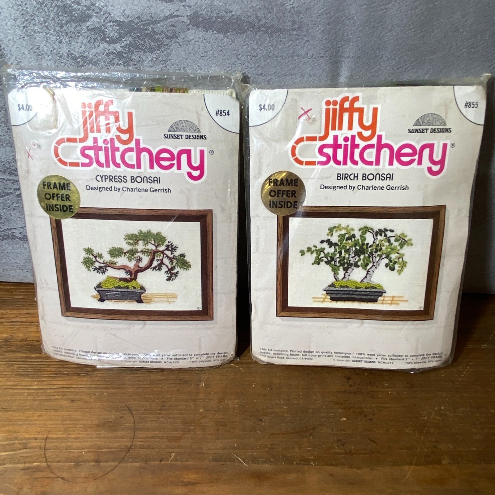 Vintage 1975 Jiffy Stitchery Bonsai Crewel Embroidery Kits 854 855 Set of 2 New Vintage 1975 Jiffy Stitchery Bonsai Crewel Embroidery Kits 854 855 Set of 2 New