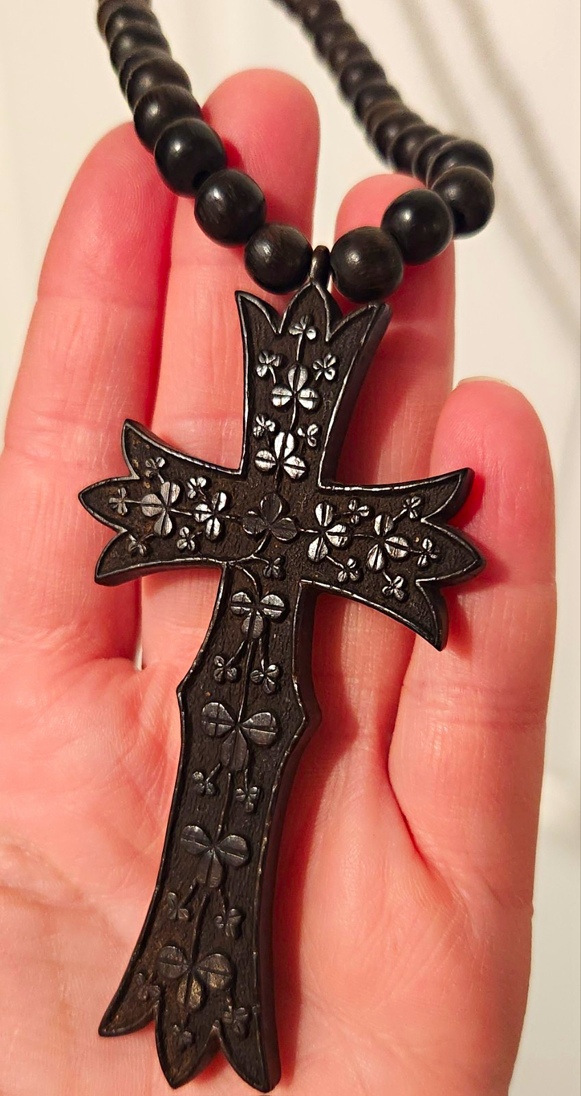 Vtg Oversized Carved Wood Cross Necklace Gothic Victorian Celtic Mourning Style