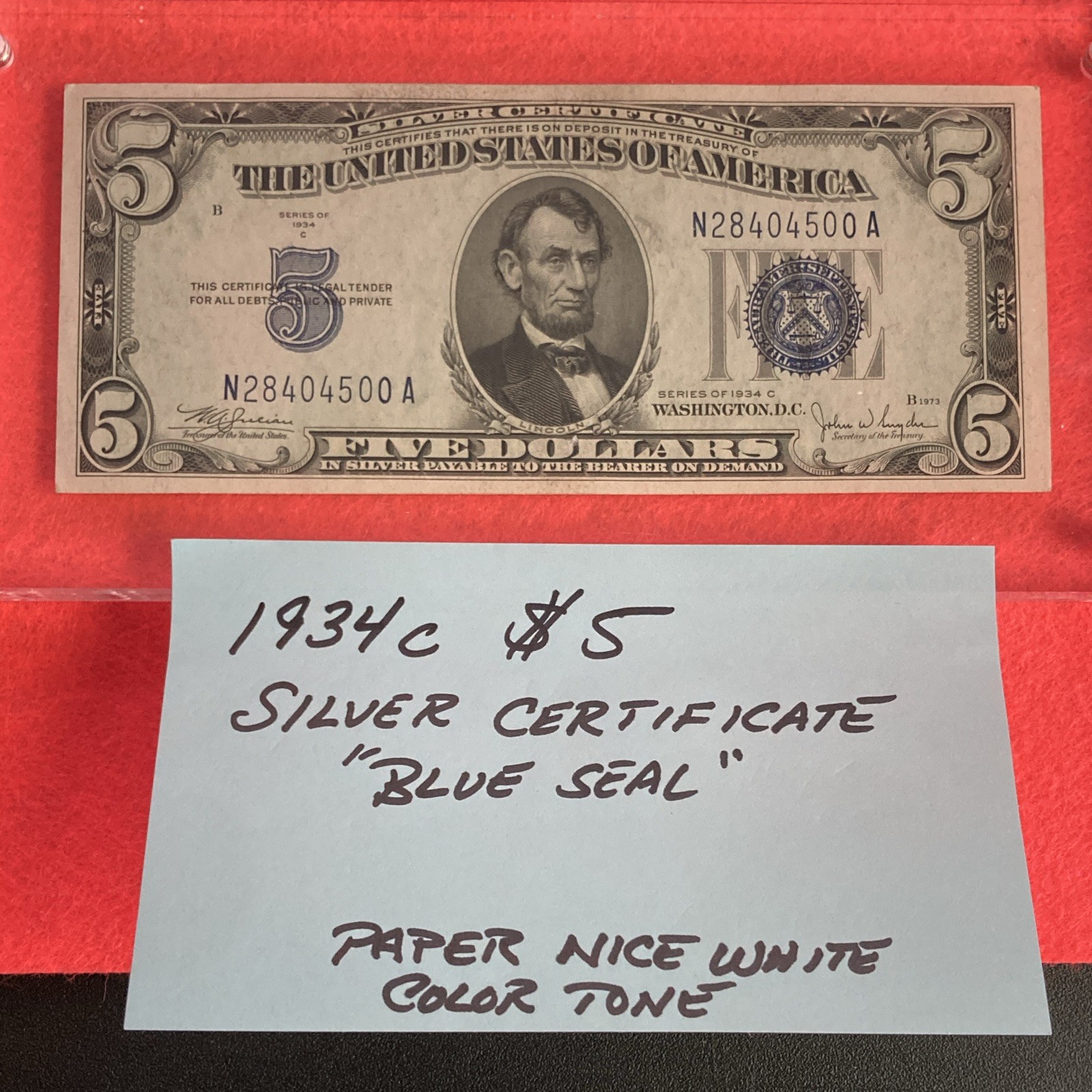 1934C $5 Silver Certificate Blue Seal banknote Serial N28404500A- SUPER NICE 1934C $5 Silver Certificate Blue Seal banknote Serial N28404500A- SUPER NICE