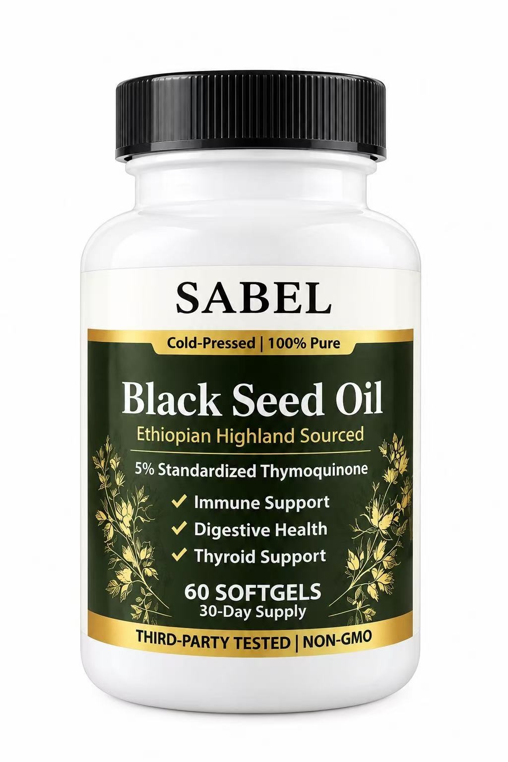 SABEL Black Seed Oil 60 Softgels 5% Thymoquinone Cold Pressed 30 Day Supply