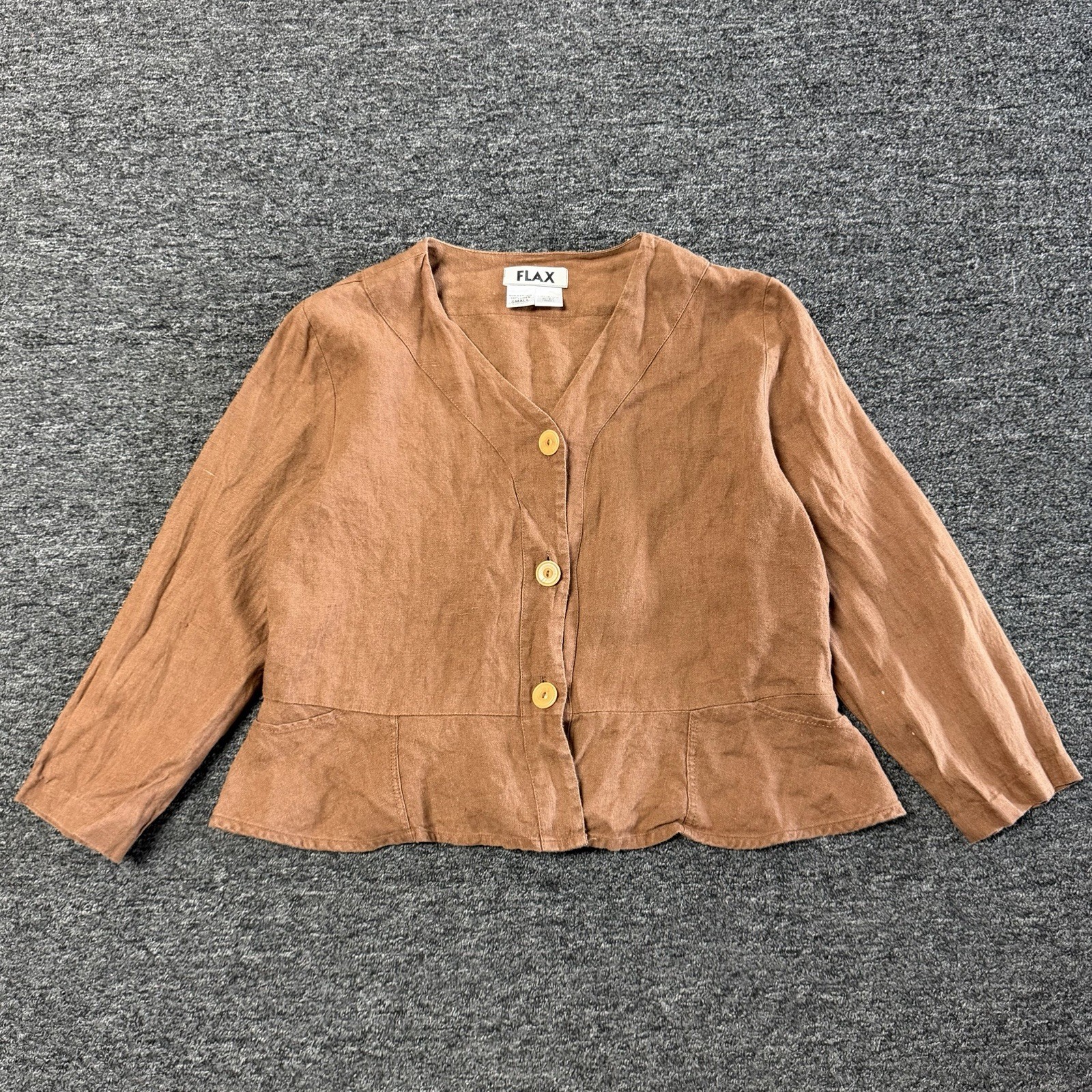 Flax Brown 100% Linen Lagenlook Boho Button Up Blouse Top Vintage 90s Sz S