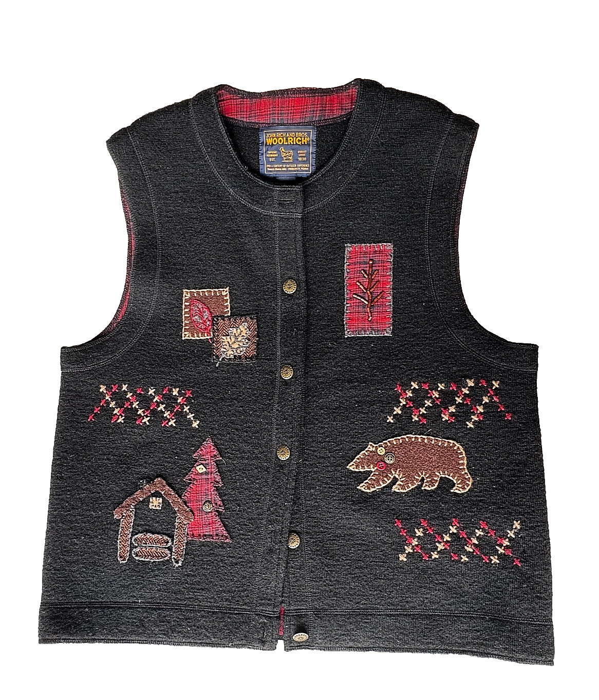 Woolrich Women\'s Wool Vest Size L John Rich & Bros Button Up Embroidered