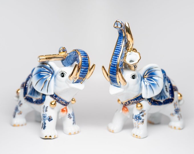 Chinoiserie Musical Elephant Pair Blue White VINTAGE