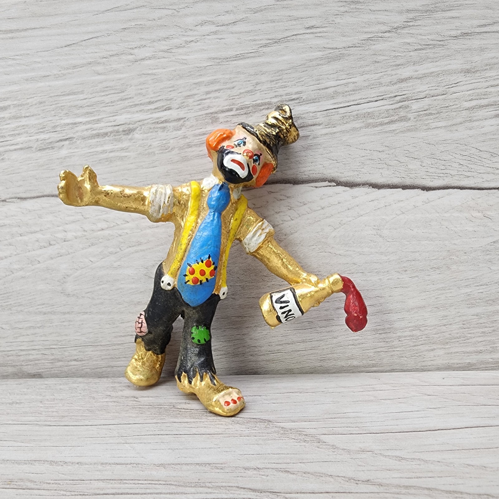 Vintage Hand Painted Drunk Clown Hobo Figurine Gold Tone Spilling Wine 4\