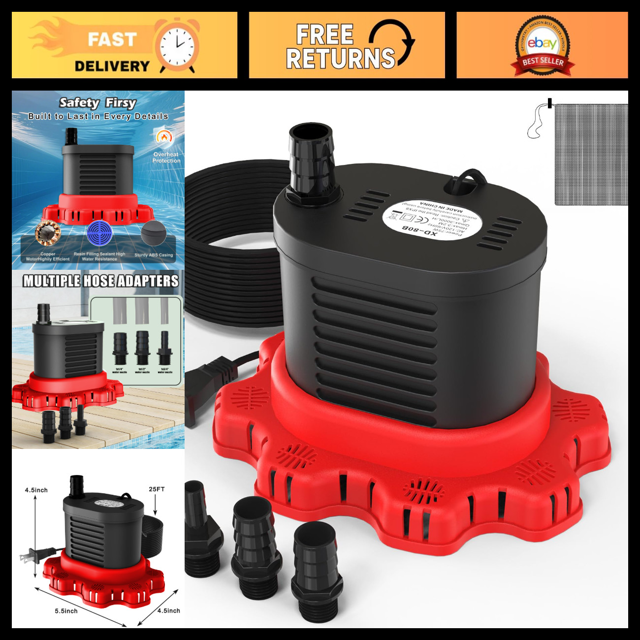 850GPH Submersible Pool Cover Pump, Above Ground Sump Pump for Fast Drainage