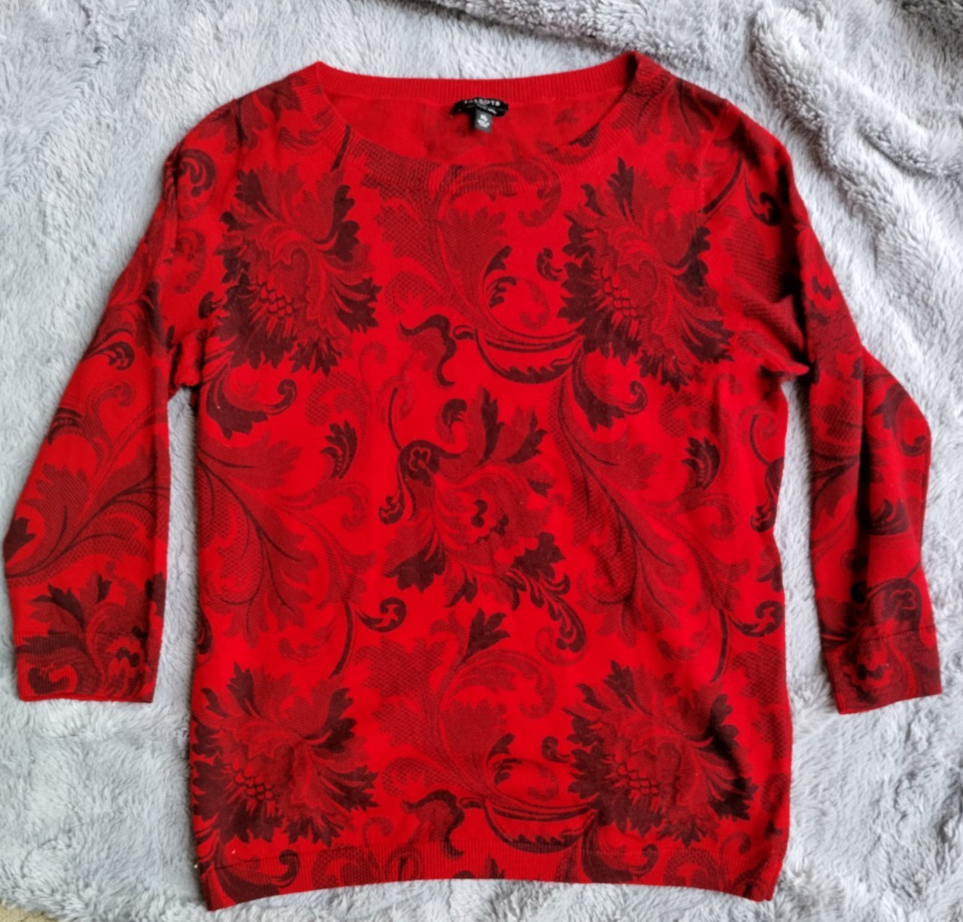 TALBOTS PETITE Sweater 100% Italian Merino Wool Pullover Cherry Red Black Medium