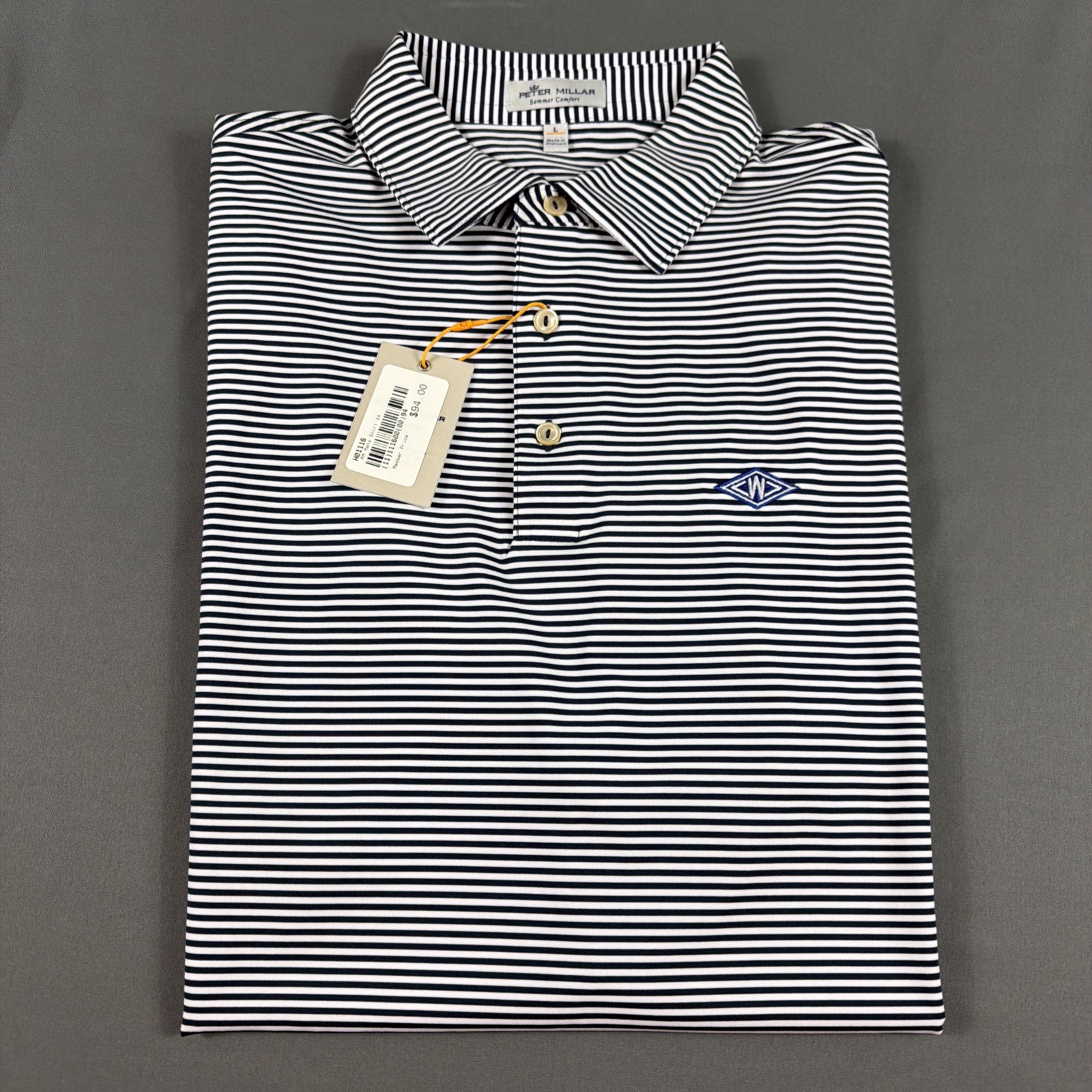 Peter Millar Golf Shirt Polo CS Summer Comfort Chest Logo Striped Large Navy/W Peter Millar Golf Shirt Polo CS Summer Comfort Chest Logo Striped Large Navy/W