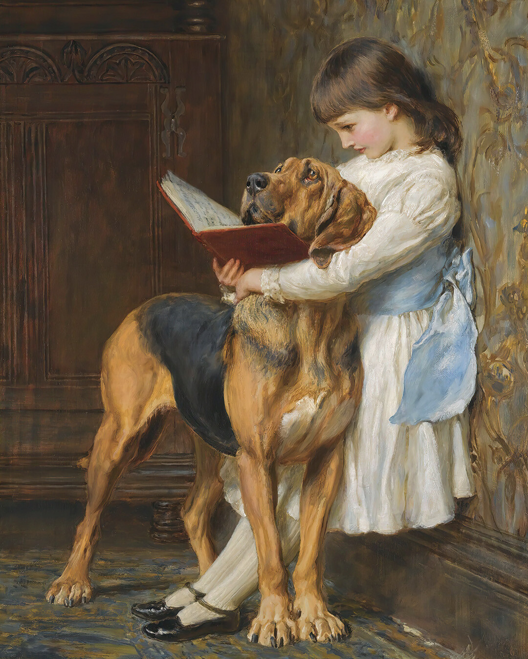 Antique Girl Reading with Dog Painting Giclee Print on Fine Art Paper
