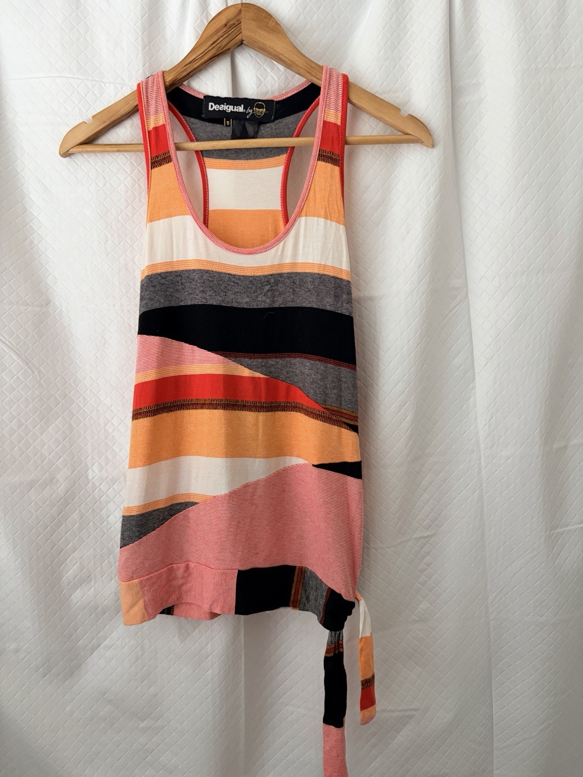 Desigual Colorful Colorblock Racerback Striped Tank Top with Side Tie, Size S