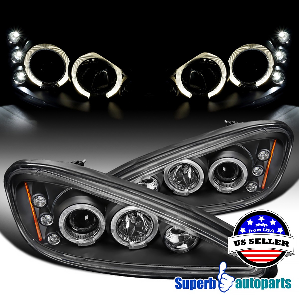 Fits 1999-2005 Pontiac Grand Am Halo Black Projector Headlights LED Bar 99-05 Fits 1999-2005 Pontiac Grand Am Halo Black Projector Headlights LED Bar 99-05