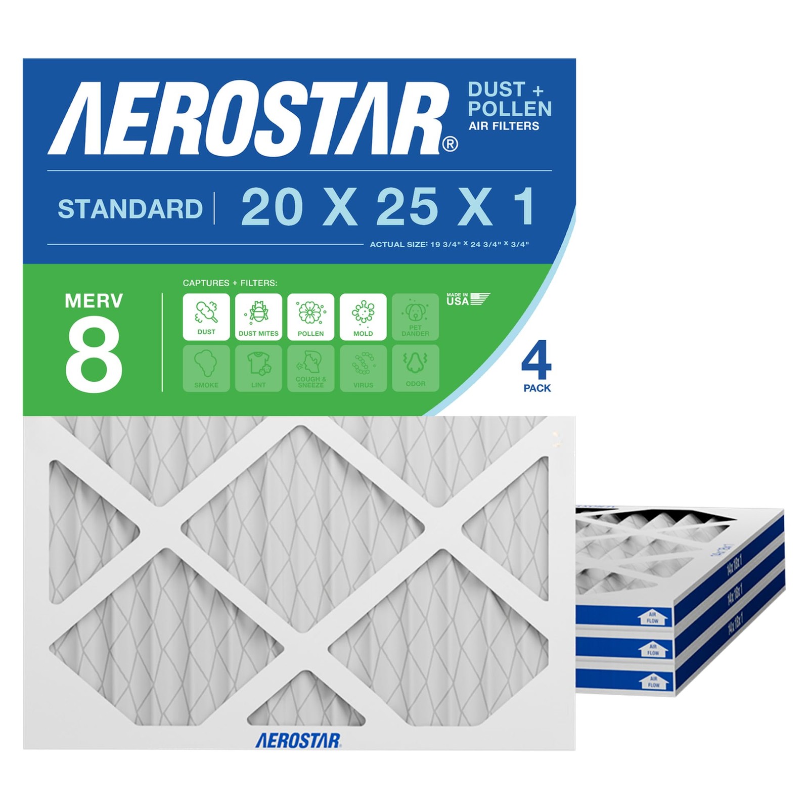 Aerostar Air Filter 20x25x1 MERV 8 AC Filter, HVAC, Furnace 4 PACK, White Aerostar Air Filter 20x25x1 MERV 8 AC Filter, HVAC, Furnace 4 PACK, White