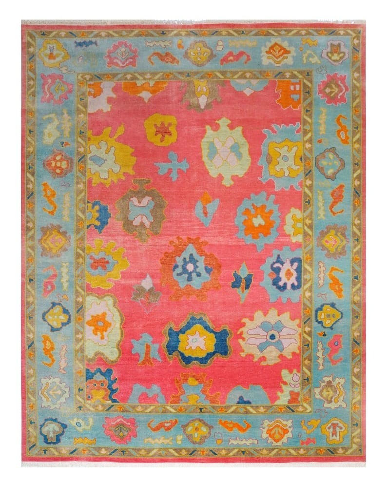 Hand Knotted Oushak Wool Area Rug Coral Pink Turquoise Multicolor Living Decor