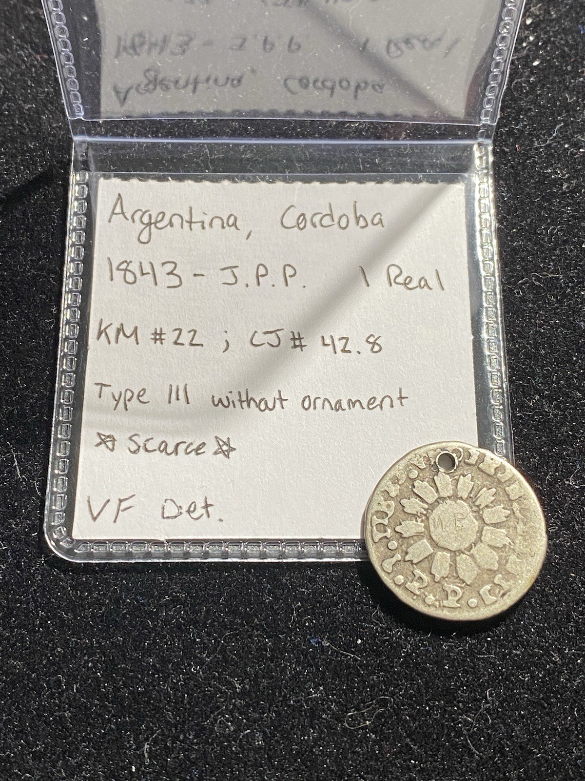 Scarce Argentina Cordoba SILVER 1843 JPP 1 Real Scarce Type III w/o Ornament