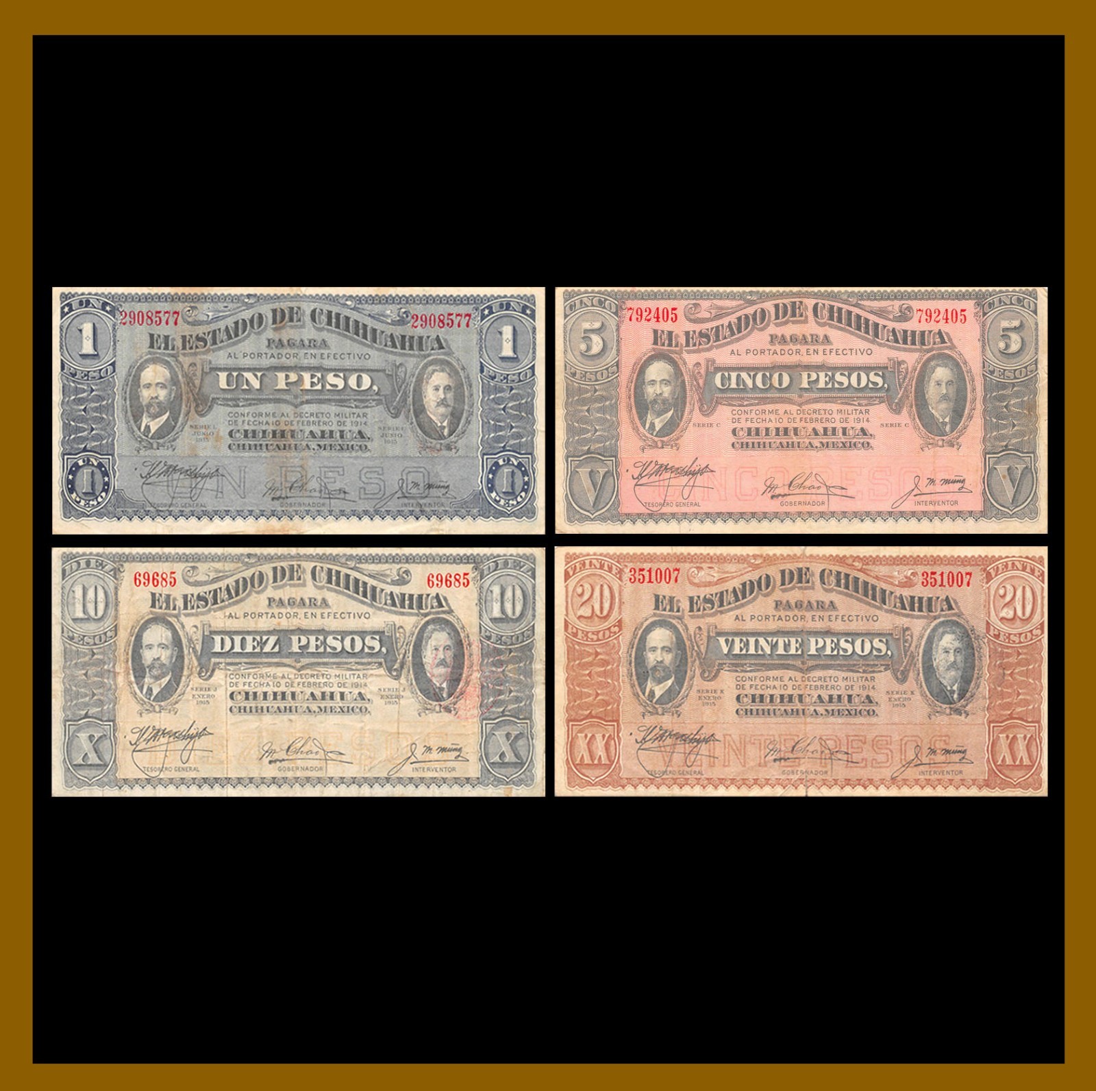 Mexico 1 5 10 20 Pesos (4 Pcs Set), 1914-1915 El Estado Chihuahua Revolution Cir